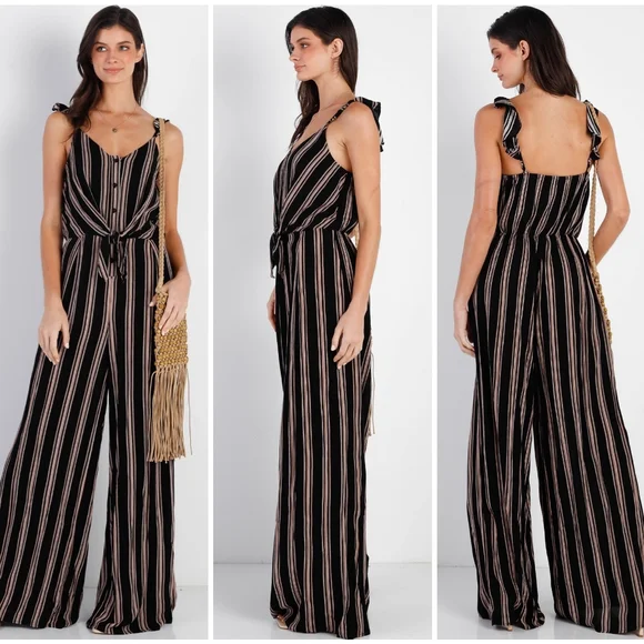 SUGAR+LIPS Boho Chic Black Striped Front Knot Relaxed Fit Jumpsuit - Picture 2 of 5